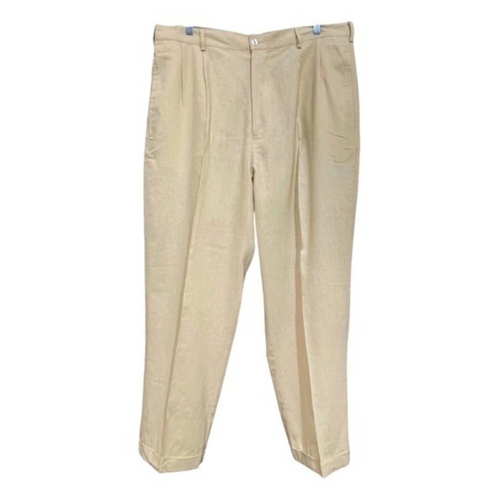 Trust Mens Linen Blend Pleated Cuffed Dress Pants Beige 40W x 30L Not 40W x 34L